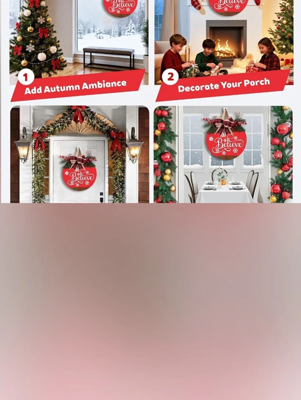 Believe Red Holiday Wooden Sign with Plaid Bow. NWT.